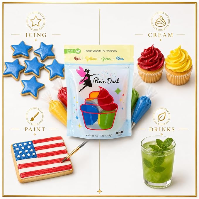 All-Natural Food Coloring Powder set - Red, Yellow, Blue, Green. | Perfect for cake decorating, cookie frosting, icing & drinks | Dye-Free, Plant-Based, Flavorless, Kosher | No-Carmine, No annatto, No Propylene Glycol | by PIXIE DUST | Medium .17 oz Ea...