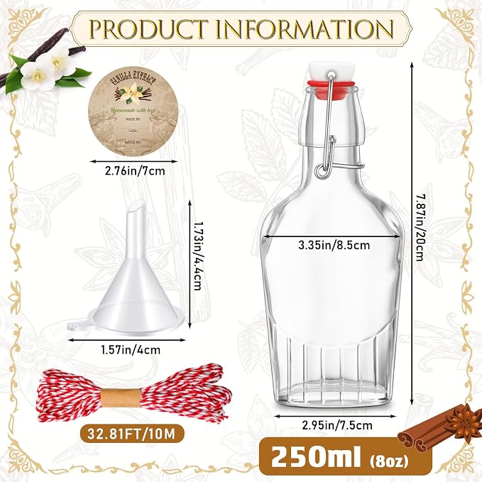 Uiifan 2 Pack 8 oz Vanilla Extract Bottles with Swing Top Flask Whiskey Pocket Glass Flask for Homemade Vanilla Extract Lemon Kombucha Water Apply Christmas Wedding Gift