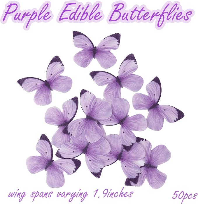 YOcity 50PCS Butterflies Cake for Decorations-Purple Butterfly Cupcake Toppers Small Pastel Wafer Paper Cake Cupcake Decor for Wedding Baby shower Birthday Suppliers