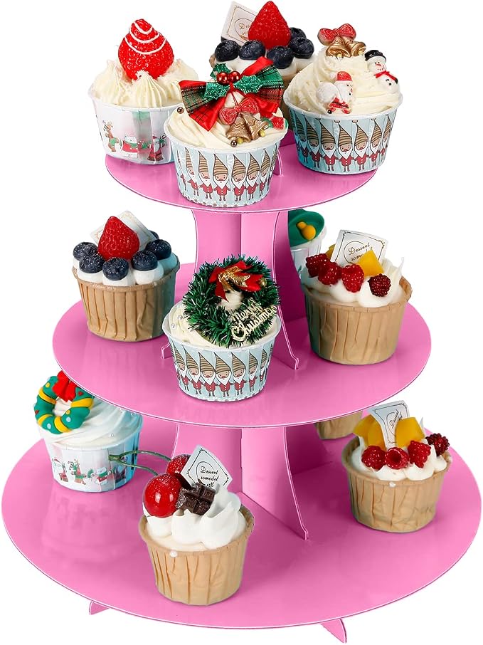 YLDW Cupcake Stand 2Pcs, 3-Tier Cupcake Stand Display, Cardboard Cup Cake Tower Stand, Disposable Dessert Stand for Birthday Tea Party Baby Shower Treat Decorations, Pink