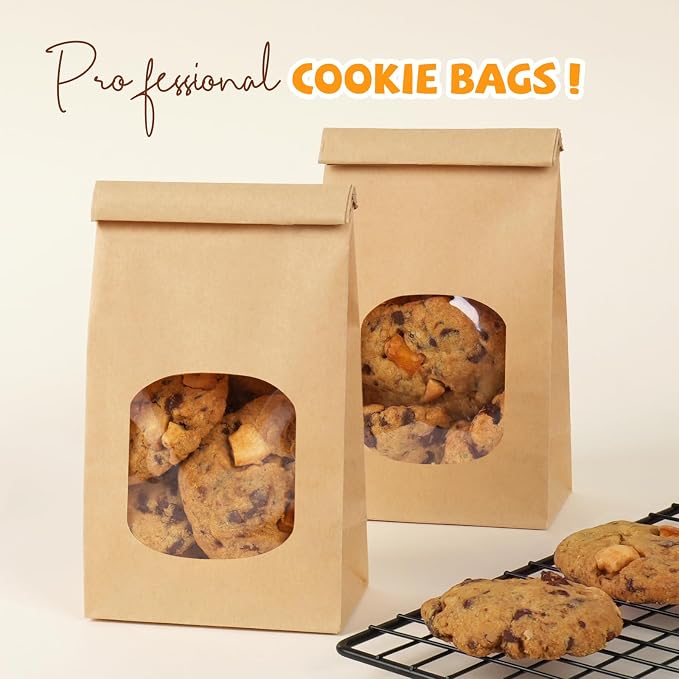 50 Pack Bakery Bags with Window, 3.9x2.3x8 Inches Tin Tie Tab Paper Cookie Bags Brown Small Gift Bag for Packaging Popcorn, Trail Mix, Treats, Snacks, Baked Goods, Party Favors | Grease Resistant
