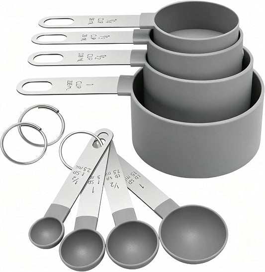 Measuring Cups Set Measuring Spoons Set, Nesting Measure Cups with Stainless Steel Handle, For Measuring Dry and Liquid Ingredients Small Teaspoon with Plastic Head (Grey)