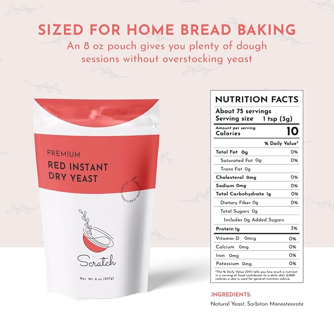Scratch Red Instant Dry Yeast– All-Purpose Baking Yeast for Bread, Rolls, Sandwich Loaves, Pizza Dough & Bread Machines - (Red 8oz) (1 Packet)