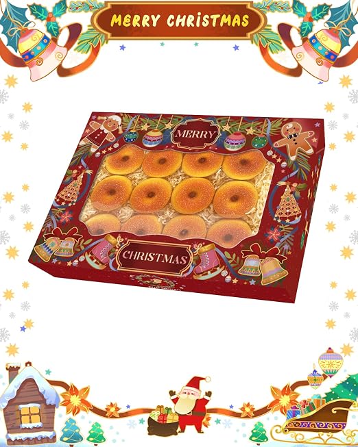 qiqee Christmas 14x10x2.5 inch Auto-pop Up 12Pcs Cookie Box with Window Retro Christmas Pastry Macaron Bakery Box for Christmas