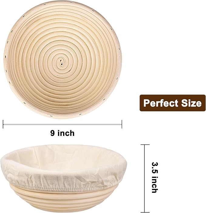 Banneton Bread Proofing Basket for Sourdough & Baguettes, 9 Inch Round Natural Rattan Bread Basket with Washable Linen Liner