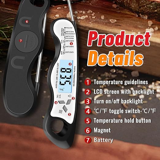 Meat Thermometer, IP67 Waterproof Digital Meat Thermometer with Backlight, Hold Function & Magnet for Grill, BBQ, Candy, Beef,Turkey