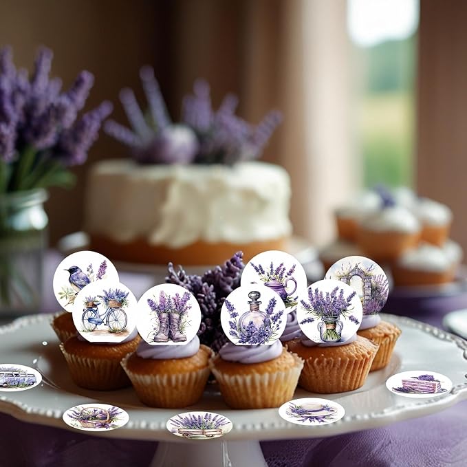 36PCS Edible Lavender Floral Cupcake Toppers Wafer Paper Purple Flowers Cake Picks Edible Lavender Bouquet Cupcake Toppers for Wedding Birthday Theme Floral Cake Decor Supplies