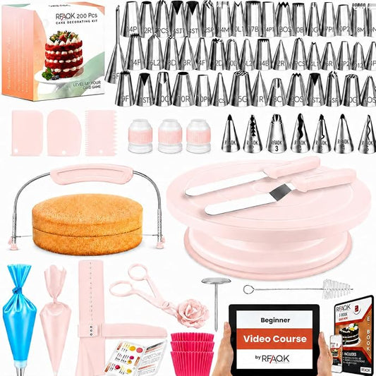 RFAQK 200PCs Cake Decorating Kit with Cake Turntable & Leveler, Baking Supplies Gift Includes 110+1 Piping Bags,55 Icing Tips,2 Frosting Spatulas, Adjustable Scraper, Video Tutorial, Booklet & more