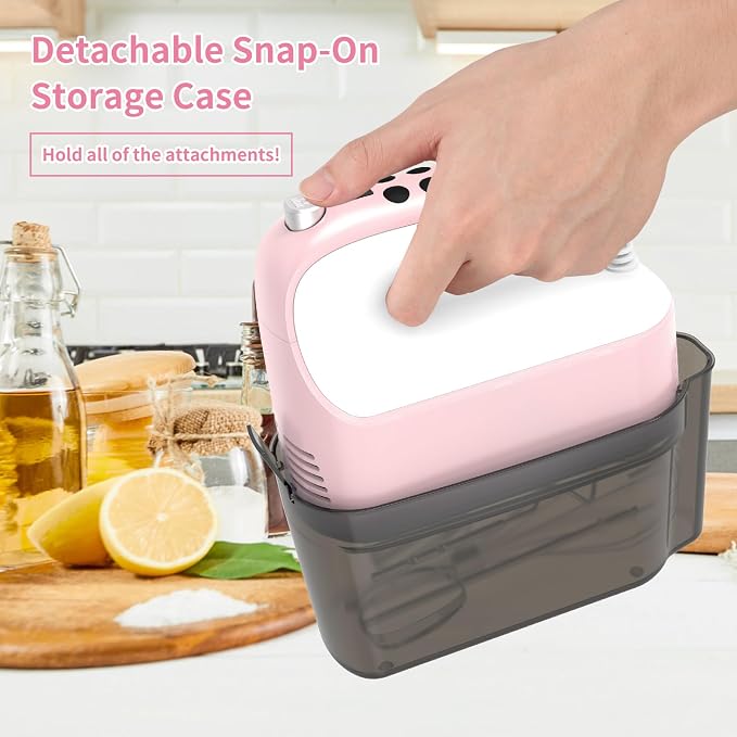 Yomelo 9-Speed Digital Hand Mixer Electric, 400W Powerful DC Motor, Hand Mixer Electric Handheld with Snap-On Storage Case, 5 Stainless Steel Accessories, Beaters, Dough Hooks, Whisk(Pink/White)