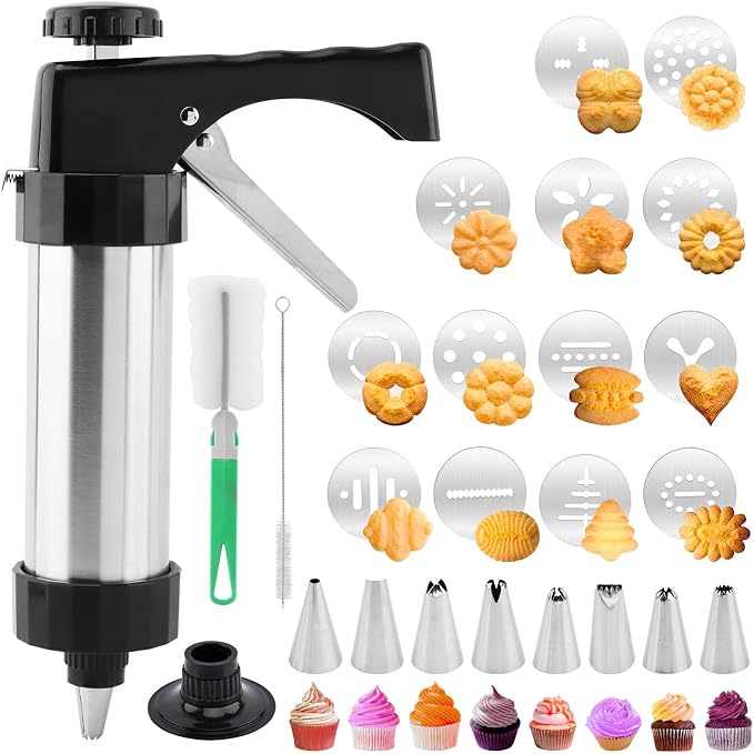 Cookie Press Gun Kit, Stainless Steel Hand Press, 13 Discs, 8 Tips | Includes 1 press gun 2 cleaning brushes, For spritz cookies icing and egg filling, No storage case included
