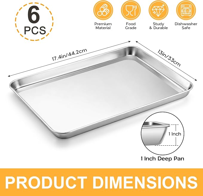 Onader Large Baking Sheet Set of 6, 18 x 13 Inch Stainless Steel Half Sheet Baking Pans for Oven, Commercial Metal Cookie Pan Tray for Roasting Cooking, Mirror Finish & Dishwasher Safe