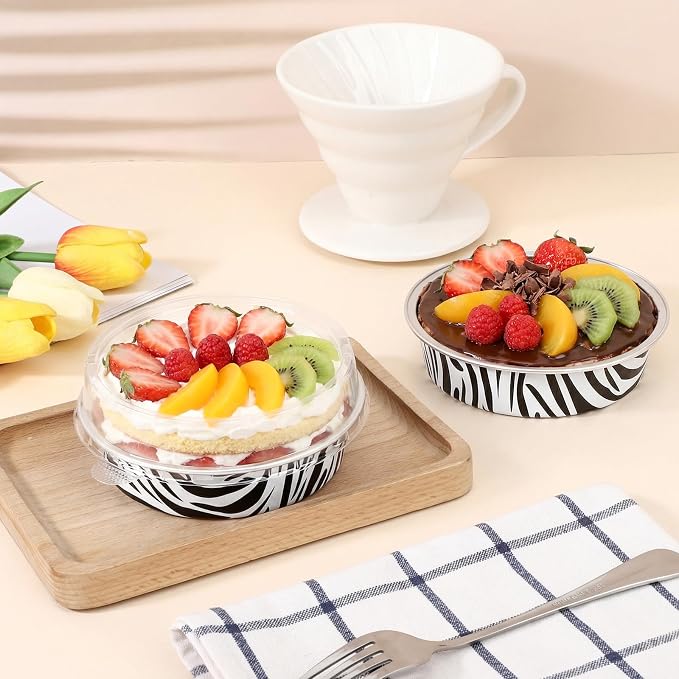 Beasea Disposable Cupcake Pans with Lids, 100 Pack 7.3oz Aluminum Baking Foil Tart Pie Tins, Small Round Tart Containers for Individual Dessert Muffin Cheesecake Quiche Oven Dishes - Zebra Stripes