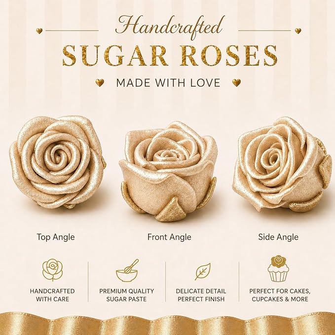 Confect Metallic Edible Champagne Gold Roses | Christmas Cupcake Toppers | Edible Flower For Cake Decorating | Pack Of 12 Edible Metallic Sugar Flowers for Cake Decorating