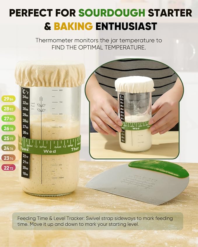 Sourdough Bread Baking Supplies 34 OZ Sourdough starter kit with 2 Bread Proofing Basket - Green