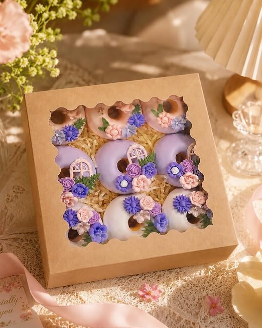 Bakepacker 55pcs Brown Pie Boxes 8x8x2.5 inches Easy Assemble Macaroon Bakery Boxes Cookie Boxes with Window for Bakery (Auto-pop Up)