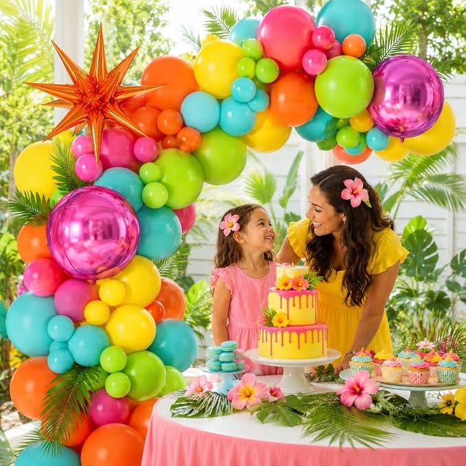 Tropical Balloon Arch Kit, Hot Pink Orange Yellow Green Teal Blue Tropical Balloon Garland with Orange Star Foil and Pink 4D Round Balloons for Hawaiian Luau Summer Party Decorations Birthday Decor