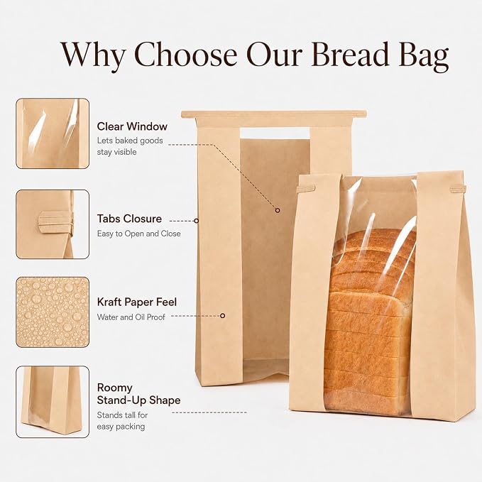 NPLUX 50 Pack Sourdough Bread Bags for Homemade Bread with Tin Tie Tab Lock Bakery Bags with Window kraft Bag for Toast Sandwich Cookie Snacks, Graduation Gift Bags(8.27x13.6x3.54In)