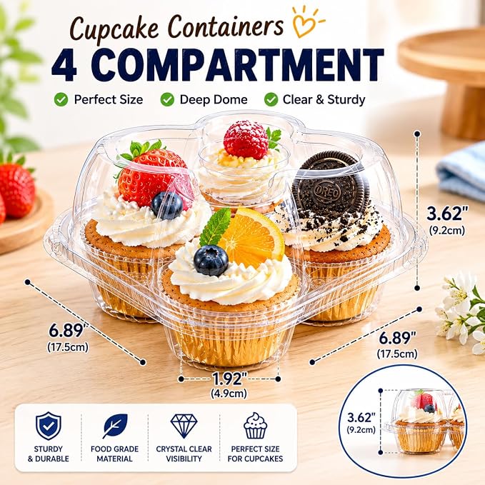 2/4/6 Count Cupcake Containers with Hinged Airtight Lids, Clear Plastic Cupcake Boxes, Stackable Single Cupcake Holders for Frosted Cupcakes or Muffins (40, 4 Count)