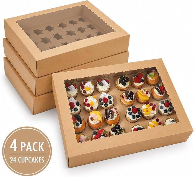 24 Count Cupcake Boxes, 4 Pack White Cupcake Containers with Windows and Inserts, Disposable Cupcake Carriers for Muffins, Treats, Pastries, 19 x 14 x 3.9 Inches (Brown, 24Count /4Pcs)