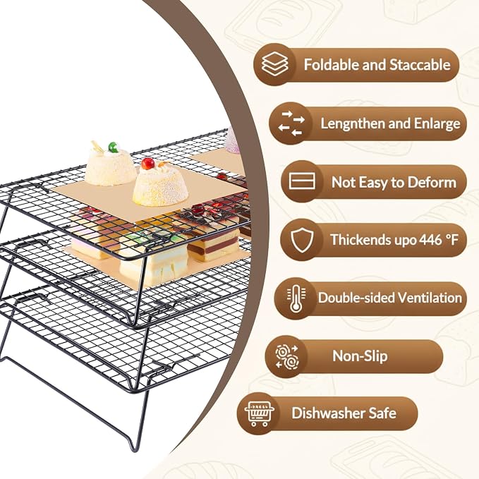 3-Tier Stackable Wire Cooling Rack with Legs, High-quality Carbon Steel, 17" x 11" Cooling Rack for Cooking and Baking, 100 Pcs 6in Baking Paper, Nonstick, for Cookie, Pizza, Bread, Barbecue