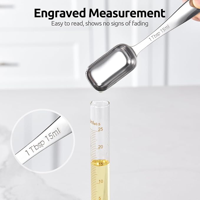 U-Taste Narrow Square Measuring Spoons: 18/8 Stainless Steel Kitchen Measure Teaspoon Tablespoon with Leveler, Polygon Rectangular Metal Jar Scoop for Baking Cooking, Coffee, Spice, Powder (Set of 8)