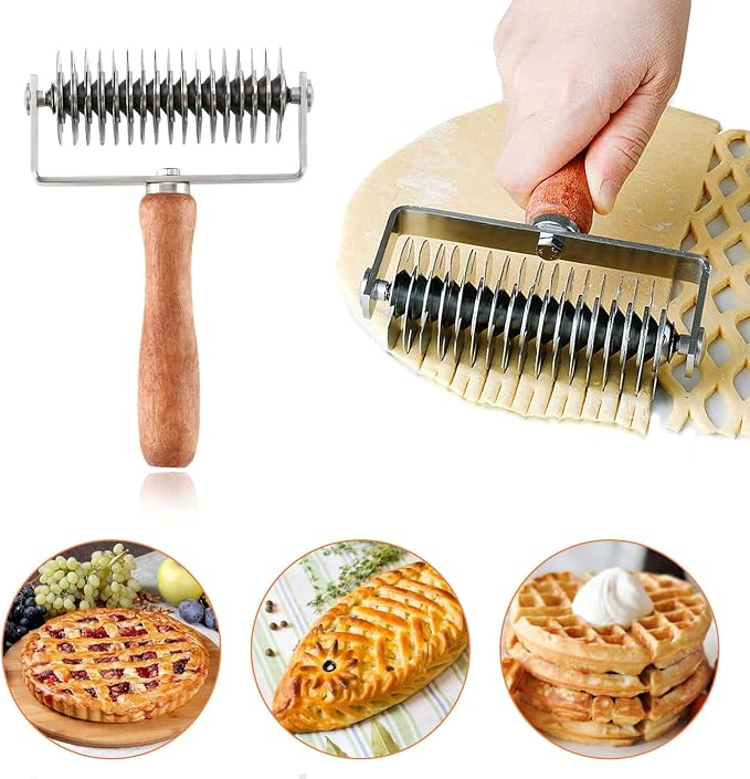 Stainless Steel Dough Lattice Top Cookie Pie Pizza Bread Pastry Crust Roller Cutter Holder Wooden Handle, Lattice Dough Cutter for Fishnet Crust