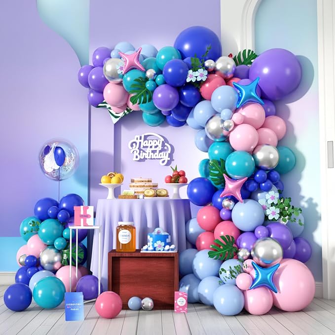 FunHot Blue Pink Purple Balloon Arch Garland Kit with Purple Metallic Silver Royal Blue Retro Pink 4-Point Star Foil Balloons for Baby Shower Wedding Tropical Theme Kids Birthday Party Decorations