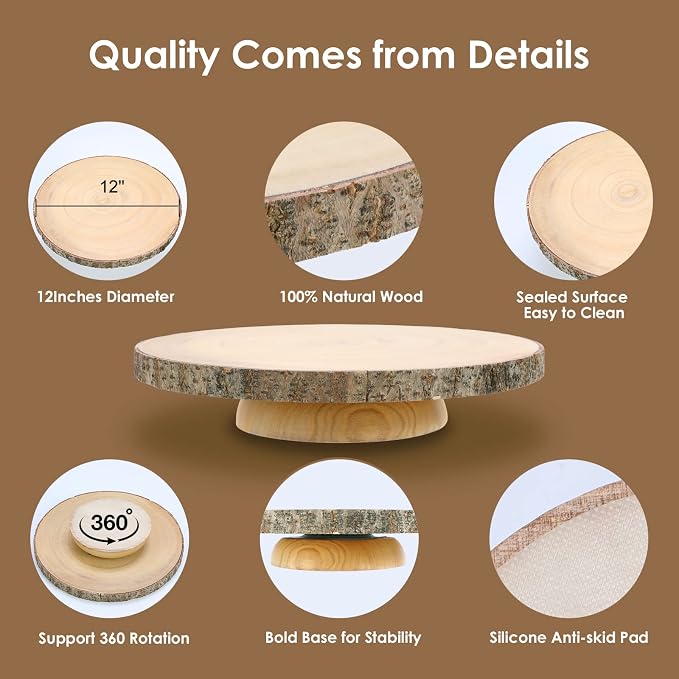 ShineZoom Wood Cake Stand Rustic Rotating Cake Stand 12 Inch Cake Turntable/ Dessert Display Stand Wooden Cake Stands for Wedding/ Party/Baby Showers/ Reception/Decor