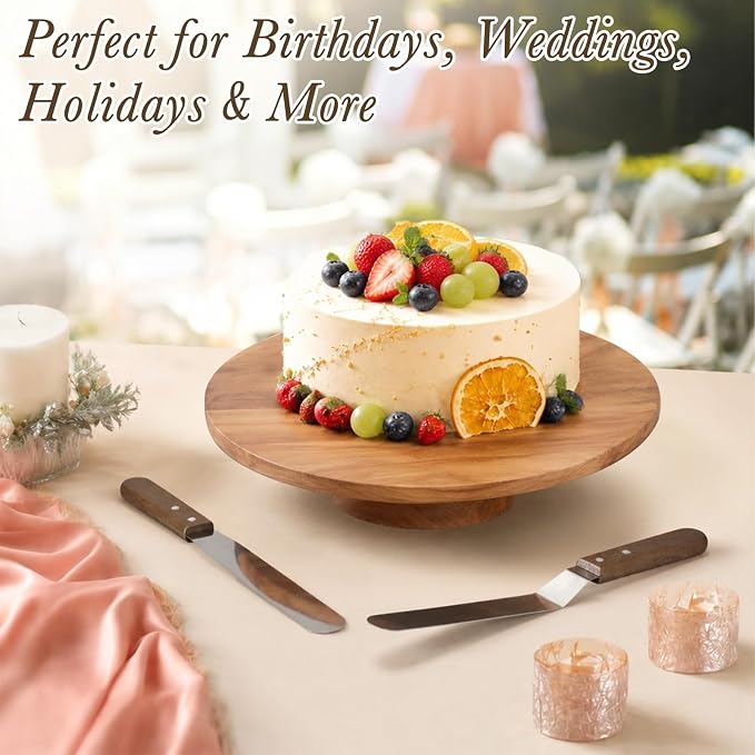Gisafai 14 Inch Acacia Rotating Cake Stand Rustic Wood Pedestal Stands Turntable with 2 Icing Spatulas 3 Smoothers Wooden Cupcake Dessert Display for Wedding Party Decoration
