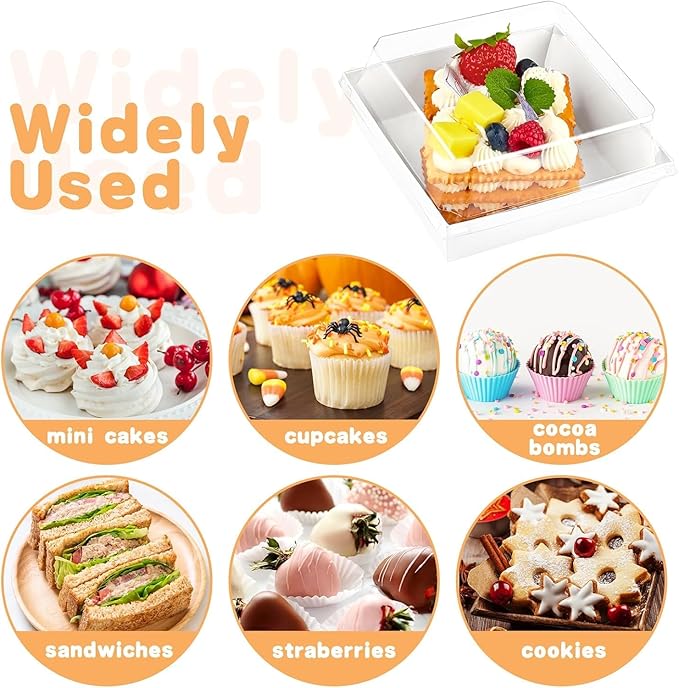 Kucoele Small Charcuterie Boxes with Clear Lids, 4 Inches, 50 Pack, White | Disposable, Paper, To Go Food Containers, For Cookie, Cake Slice, Mini Cake, Bakery, Dessert, Chocolate Strawberry