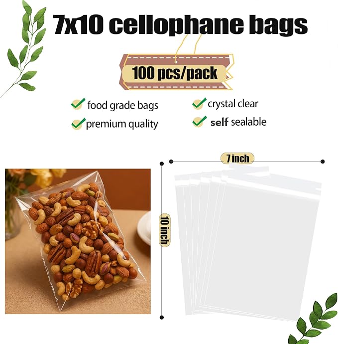 Nobranded 100pcs Self Seal Cello Cellophane Bags Resealable Poly Bags 2.8 mils clear(Self seal) 7x10 Inch (Pack of 100)