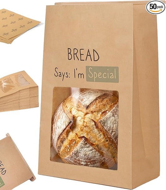 50PCS 2X Thicker Brown Paper Bread Bags with Tabs | Kraft Homemade Sourdough Round Loaf Storage for Gifting Packaging | Large Bakery Sour Dough Gift Bag with Window | 13.6x8.3x4.1in