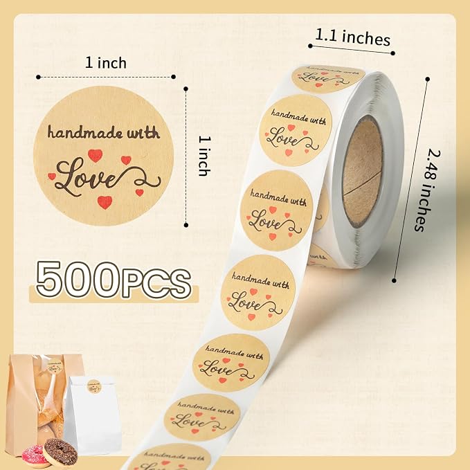 500PCS Handmade with Love Stickers, Kraft Made with Love Tags 1 Inch(25mm) Seal Labels Self-Adhesive for Baked Packaging Envelope Homemade Gift Small Business（New）