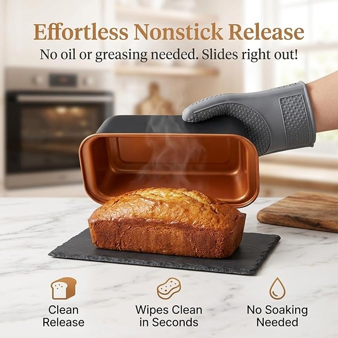 3-Pack 9x4 Inch Nonstick Loaf Pans, Carbon Steel Bread Pans for Baking Banana Bread & Sourdough, Even Heating, Easy Release, Oven Safe to 450°F, PFOA Free