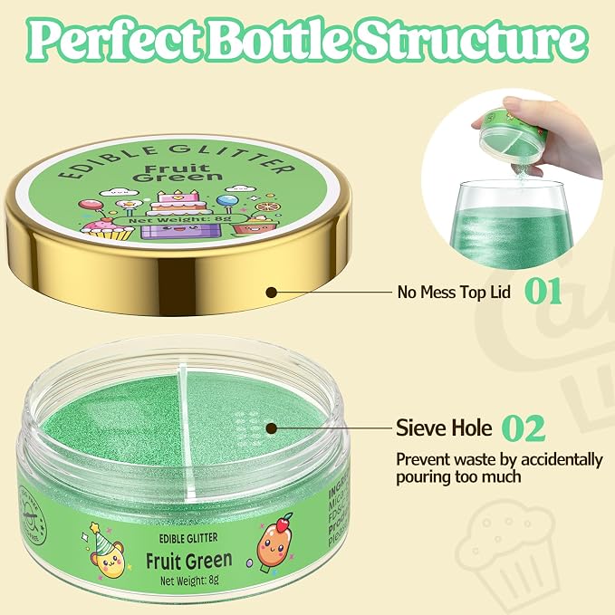 Nomeca Edible Glitter for Drinks Cakes, 8 grams Food Grade Luster Dust Sprinkles Glitter for Cake Decorations, DIY Cocktails, Beverages & Cake Decorating, Dessert Cake Topper (11-Fruit Green)