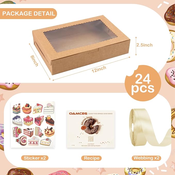 OAMCEG 24 Pack Cookie Boxes with Window, 12x8x2.5 Inch Bakery Treat Boxes for Christmas Holiday Gift Giving, Desserts, Donuts, Pastries-Brown