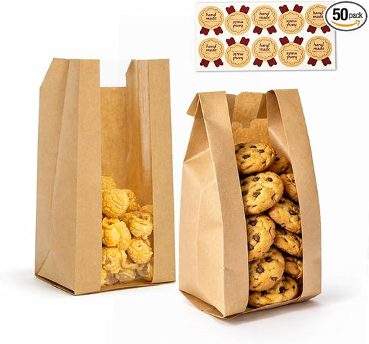 WIKDAY Bakery Bags with Window 50PCS Paper Cookie Bags Small Pastry Bags for Baked Goods Gift Giving Snack Treat Desert Packaging Storage Includes 50PCS Label Seal Stickers 3.5x2.3x7.5in