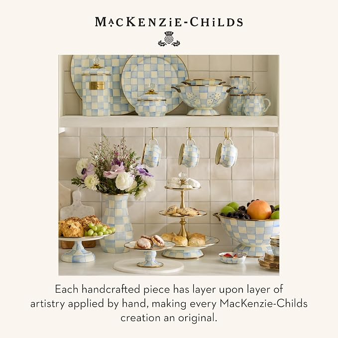 MACKENZIE-CHILDS Enamel Pedestal Platter, Round Cake Stand, Large, 16 Inches, Light-Blue-and-White Sky Check