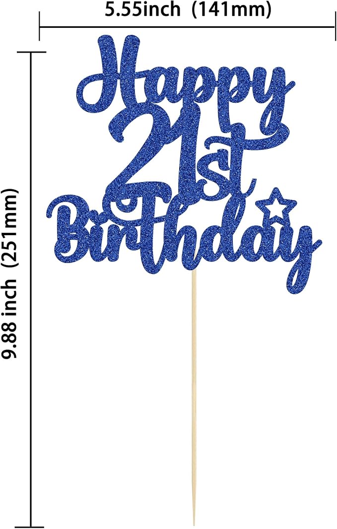 Gyufise 1Pc Happy 21st Birthday Cake Topper Glitter 21 & Fabulous Cheers to 21 Years Old Birthday Cake Pick for Celebrating 21st Anniversary Party Cake Decorations Blue