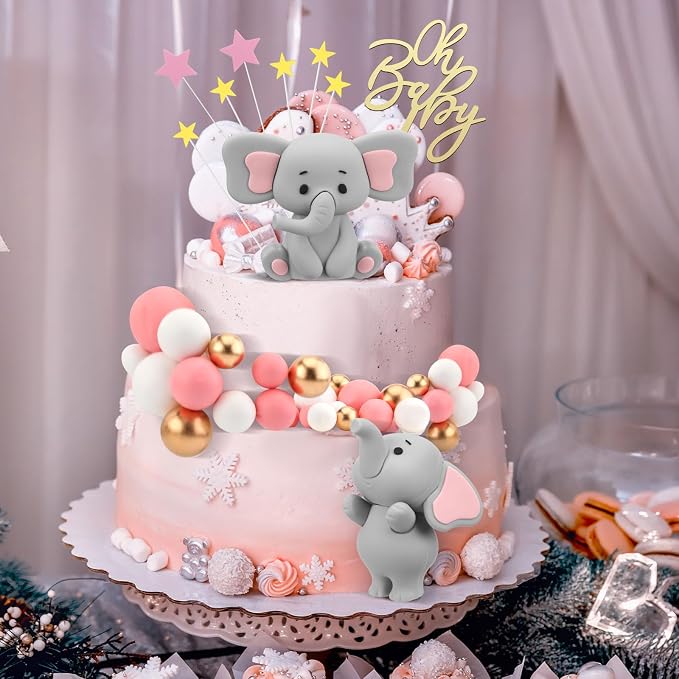 Yinder Bear Cake Toppers Mini Bear Cake Decorations Cake Toppers Gold White Pearl Ball for Birthday Party Decorations(Gray, Pink,Elephant Style)