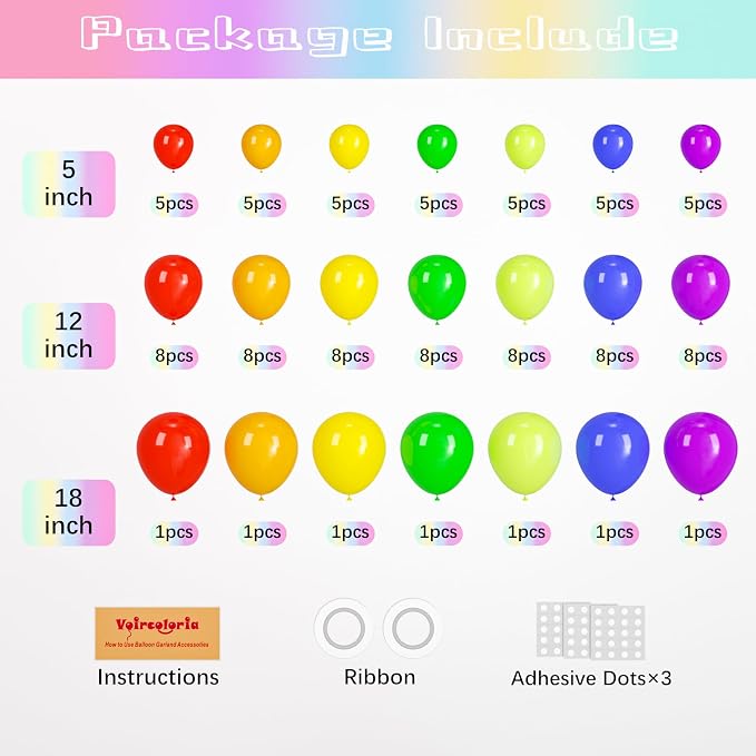 Voircoloria 98pack Rainbow Balloons Different Size 18/12/10/5 Inch Rainbow Colorful Balloon Garland Arch Kit for Graduation, Wedding, Birthday, New Year, Anniversary Party Decorations