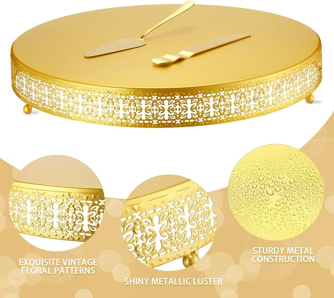 Wenqik 18 Inch Gold Cake Stand Set Metal Round Cupcake Dessert Wedding Cake Stand with Cutting & Spatula Cookies Display Holder Fruit Serving Tray for Table Wedding Birthday Anniversary Party