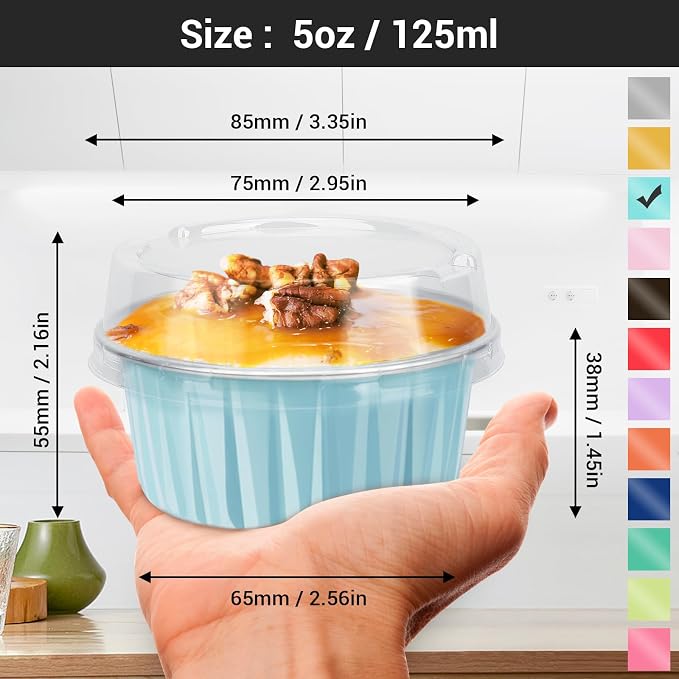 EUSOAR Aluminum Cups with Lids, 50pcs 5oz 125ml Foil Cupcake Baking Cups Oven Safe Ramekins, Muffin Liners Creme Brulee Containers Disposable Ramekins Pans Cupcake Holders