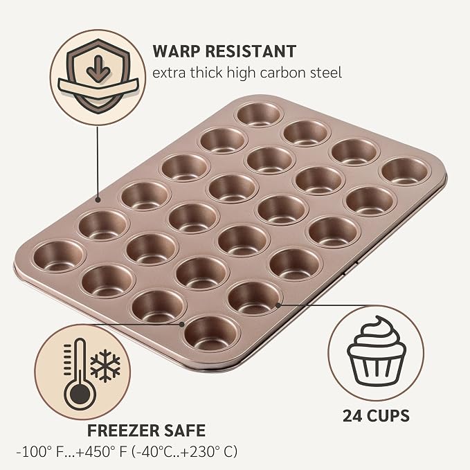 HAPPIELS 24 Cup Mini Muffin Pan Nonstick for Oven Baking, PFOA & BPA Free | Nontoxic Mini Cupcake Tin | Best Non Stick Muffin Pans | Carbon Steel Small Muffin tins | Cupcakes Bakeware Mold