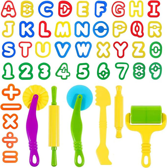 Dough Tools 47 PCS Dough Play Tools Set for Kids, Plastic Alphabet Numbers Cutters, Rollers, Rolling Pins