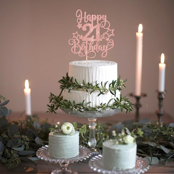 1 PCS Happy 21st Birthday Cake Topper Glitter Cheers to 21 Years Birthday Cake Pick Hello 21 Fabulous Cake Decoration for Happy 21st Birthday Anniversary Party Decorations Supplies Rose Gold
