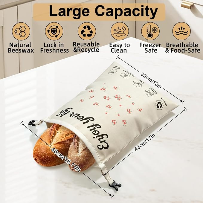 2 Pack Reusable Beeswax Bread Bags for Sourdough, 13"×17" XL Natural Beeswax Bags - Bread Storage Bags to Keep Fresh Longer, 100% Linen Moisture-proof Sourdough Storage Bags, Portable, Easy to Clean