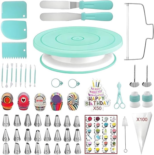 ANSLYQA Cake Decorating Kit, 298 Pcs Baking Tools (Green) | Cake Turntable, Leveler, 24 Numbered Icing Tips, 2 Spatulas, 8 Carved Pens, 100 Pastry Bags, 100 Cupcake Liners & More