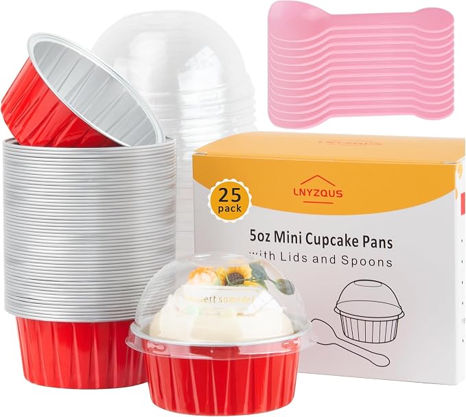 5oz Disposable Cupcake Pans with Lids 25 Pack, Foil Mini Cake Pans Small Muffin Tin, Individual Baking Cups Cupcake Containers Creme Brulee Ramekins Liners for Christmas Baking Gifts-Red