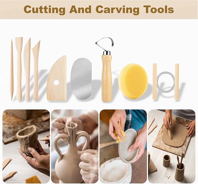 CeeVian 40PCS Clay Sculpting Tools Kit, Pottery Tools Set with Stainless Steel & Wooden Clay Carving Tools, Ball Stylus, Rubber Tip Shapers, Sponge & Storage Bag for Ceramic, Polymer Clay, Sculpting